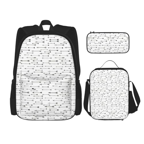 WURTON Rucksack mit Pfeilaufdruck, für Mädchen, Jungen, Schultaschen, Teenager, Lunchbox und Federmäppchen, 3-in-1-Büchertaschen-Set, Schwarz , Einheitsgröße