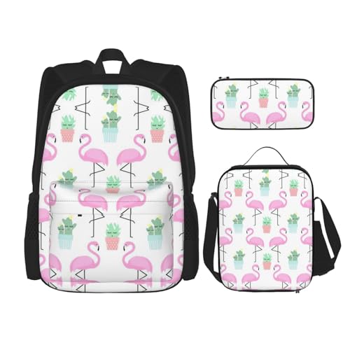 WURTON Rucksack mit tropischem Flamingo, niedlicher Kaktus-Druck, 3-in-1, Büchertaschen-Set, Lunchbox, Federmäppchen, Reise-Laptop-Tagesrucksäcke, Schwarz, Einheitsgröße