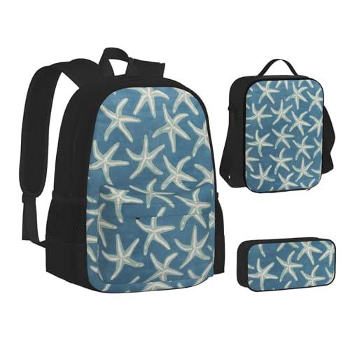 WURTON Teen Rucksack mit Seestern-Motiv, 3-in-1 (Federmäppchen + Schultasche + Lunchtasche)