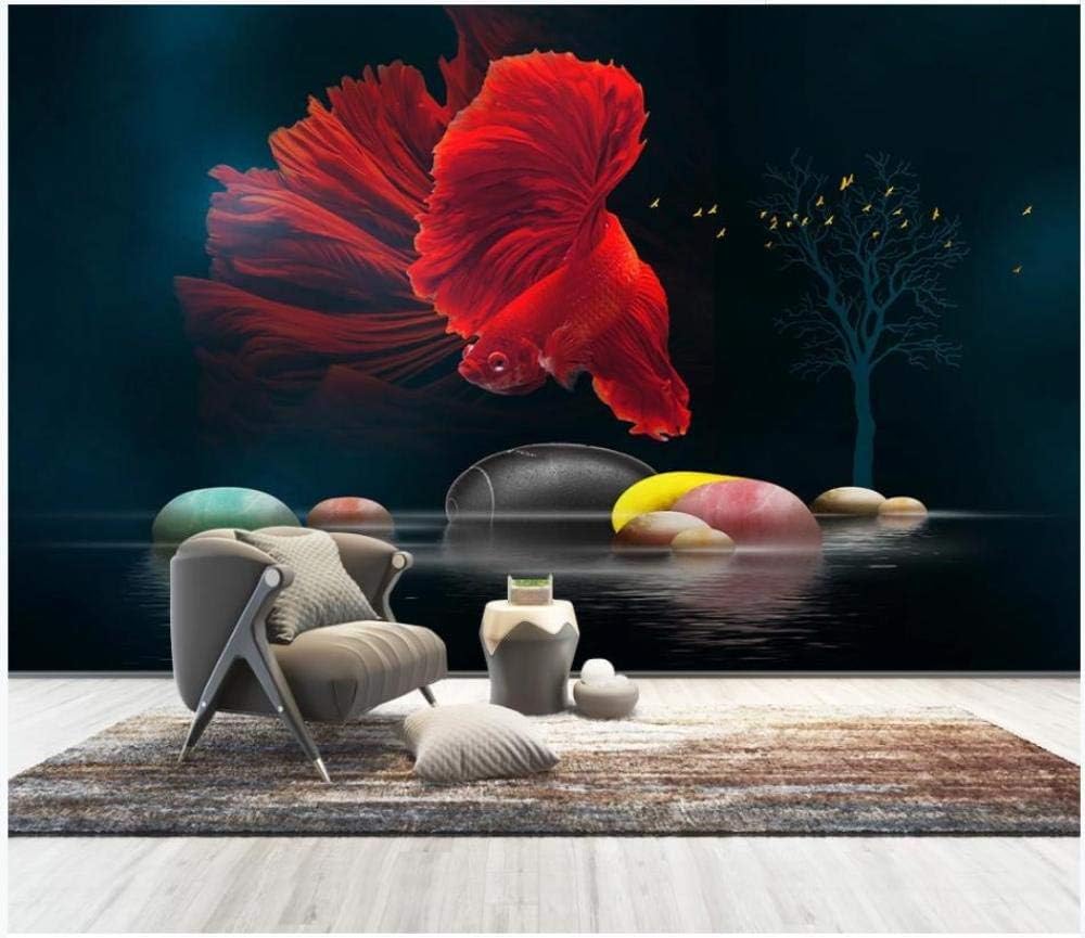 Roter Pfau Fisch Kieselsteine Großer Baum 3D Tapete Poster Restaurant Schlafzimmer Wohnzimmer Sofa TV Dekorative Wand-250cm×170cm