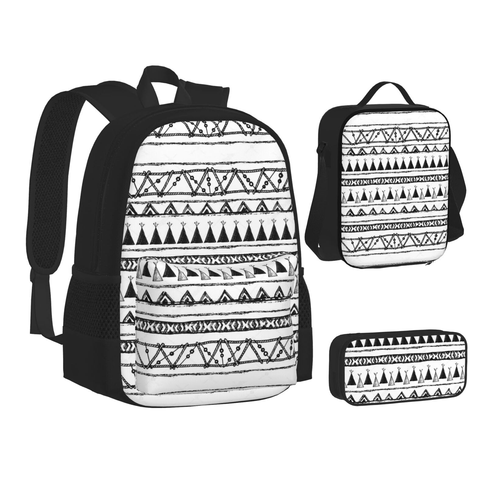 WURTON Rucksack-Lunchbox-Set, 3-in-1-Büchertasche und Federmäppchen, passendes Set mit Indianer-Muster, Schwarz, Einheitsgröße