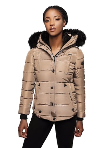 MARIKOO warme Damen Winter Jacke Winterjacke Steppjacke gefüttert Kunstfell B618 [B618-Lotus-Taupe-Gr.XXL]