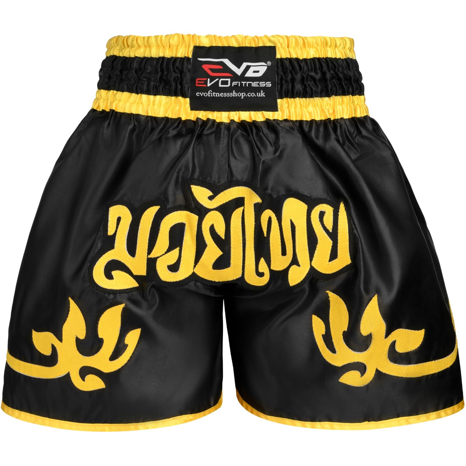 EVO Fitness Muay-Thai Shorts MMA Kickboxen Kampfsport Kampf-ausrüstung - Schwarz und Gold, X-Large