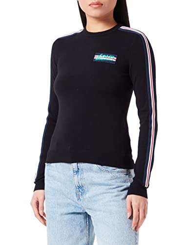 Love Moschino Women's Slim fit Long-Sleeved Roundneck with Striped Tape on Sleeves and Patch Pullover Sweater, Black, 42