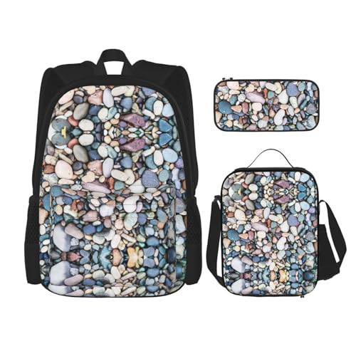 WURTON Schulrucksack-Set mit bunten Kieselsteinen, 3-in-1-Büchertaschen-Set mit Lunchbox, Federmäppchen, Reise-Laptop-Tagesrucksäcke