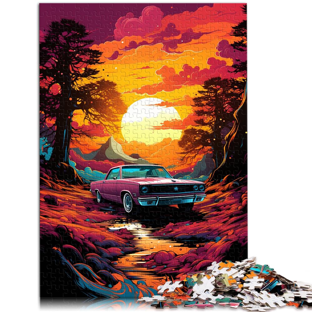 Puzzles Bunter Psychedelischer Sportwagen bei Sonnenuntergang | Puzzle 1000 Teile für Erwachsene, Holzpuzzle, herausfordernd, schwierig, 1000 Teile (50 x 75 cm)