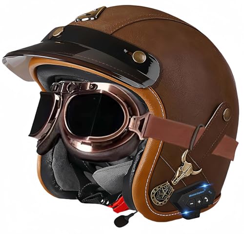 Bluetooth-Helme, Vintage-Motorrad-Halbhelm, ECE-geprüfter offener Mopedhelm mit doppelter Größenverstellung für Cruiser-Bikes, Erwachsene, Männer und Frauen H,M54-56CM