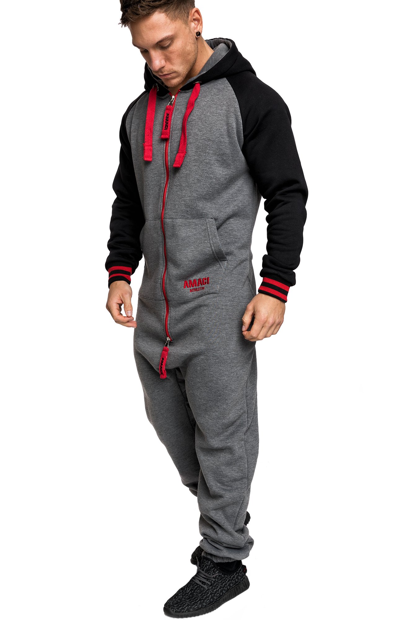 Amaci&Sons Herren Overall Jumpsuit Onesie Jogging Sportanzug Trainingsanzug Jogginganzug 3022 Anthrazit/Rot L