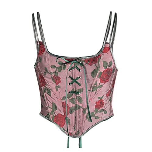 Korsett Damen Bauchweg Corset mit Schnürung Sexy Öse Spitze Blumendruck Unterbrust Vollbrust Oberteil Gräten Rückseite Gürtel Taillenformer Elegant Vintage Palast Stil Corsage Überbrus Shaperwear