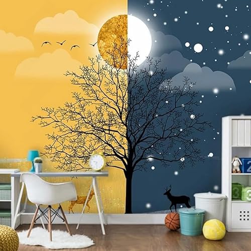 XLMING Sonne Und Mond Baum Landschaft Abstrakt Küche Esszimmer Arbeitszimmer Wohnzimmer TV Hintergrund Wand 3D Tapete-250cm×170cm