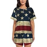 YQxwJL Damen-Pyjama-Set mit amerikanischer Flagge, kurze Ärmel, Lounge-Set, Nachtwäsche, lässiger Schlafanzug mit Taschen, Schwarz , 50