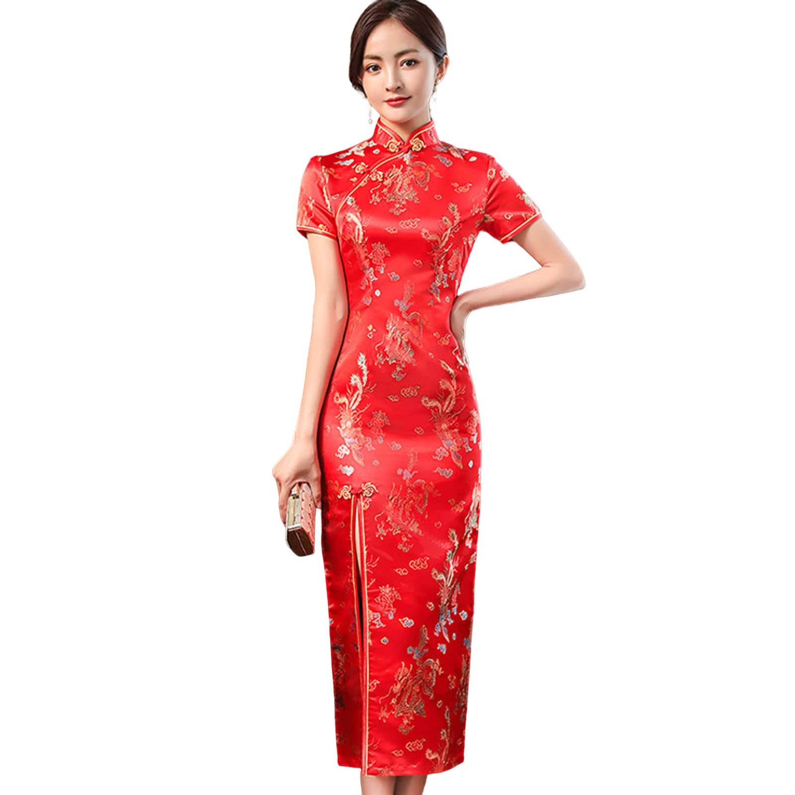 Altsuceser Damen Mandarin Kragen Vintage Stickerei Drache Phoenix Print Cheongsam Kleid, Split Traditionelles Chinesisches Kleid Qipao Hochzeitskleid Rot 3XL