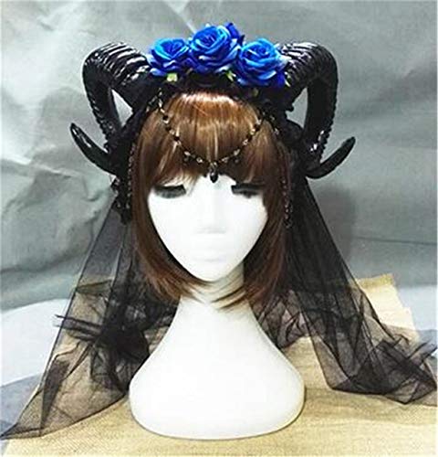 LINLINCD Drei Rose Stirnband Spitze Halloween Purim Karneval Cosplay Lolita Vampir Dämon Hörner Schleier Haarschmuck Gothic Ghost Headban Grün