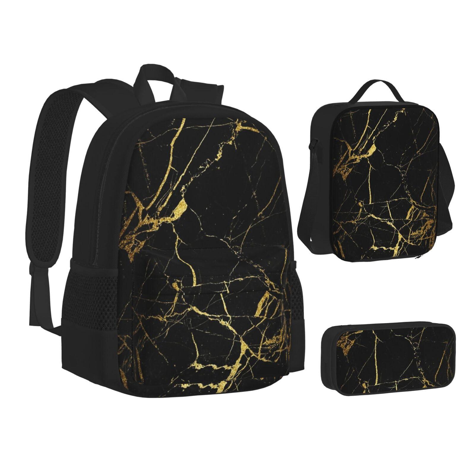 WURTON Büchertasche mit mexikanischem Otomi-Tierdruck, Lunch-Tasche, Federmäppchen, 3-in-1, Schulrucksack-Set, Kinderrucksack, Schwarz Gold Marmor, Einheitsgröße