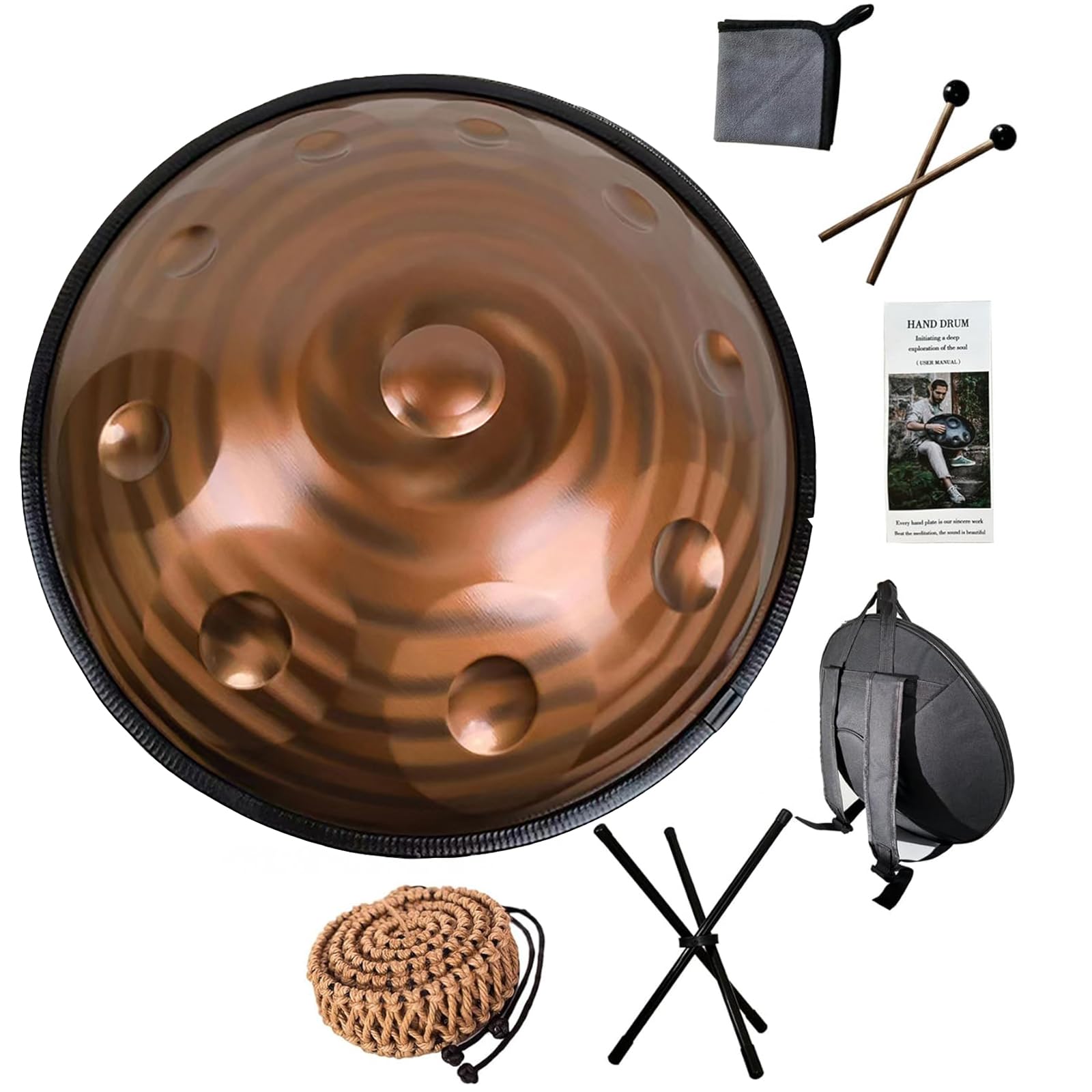 22-Zoll-Stahl-Handtrommel, 9/10/12 Noten Handpan-Drum-Instrument, D Moll Stahl Musik Handpan Drum Percussion Instrument mit Handpan Tasche, Trommelstöcken, Trommelstativ und Reinigungstuch