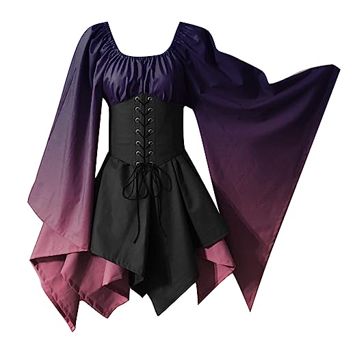 Mittelalterkleider Damen Renaissance Mittelalterliches Kostüm Gothic Kleid Mit Trompetenärmel Gewand Mittelalterliches Kapuzenkleid Gothic Kleid Cosplay für Halloween Karneval Renaissance Schwarz