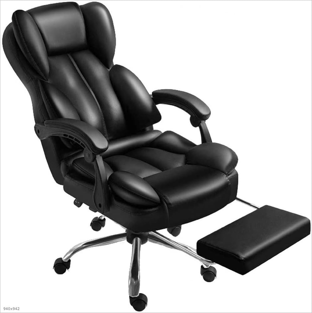 Bürostuhl, Computerstuhl, Schreibtischstuhl, Gaming-Stuhl – Ergonomisches Hochlehnerkissen, Lordosenstütze mit Rollen, Bequemer tiefschwarzer Leder-Rennsitz, Verstellbarer Drehstuhl, Rollstuhl, Home