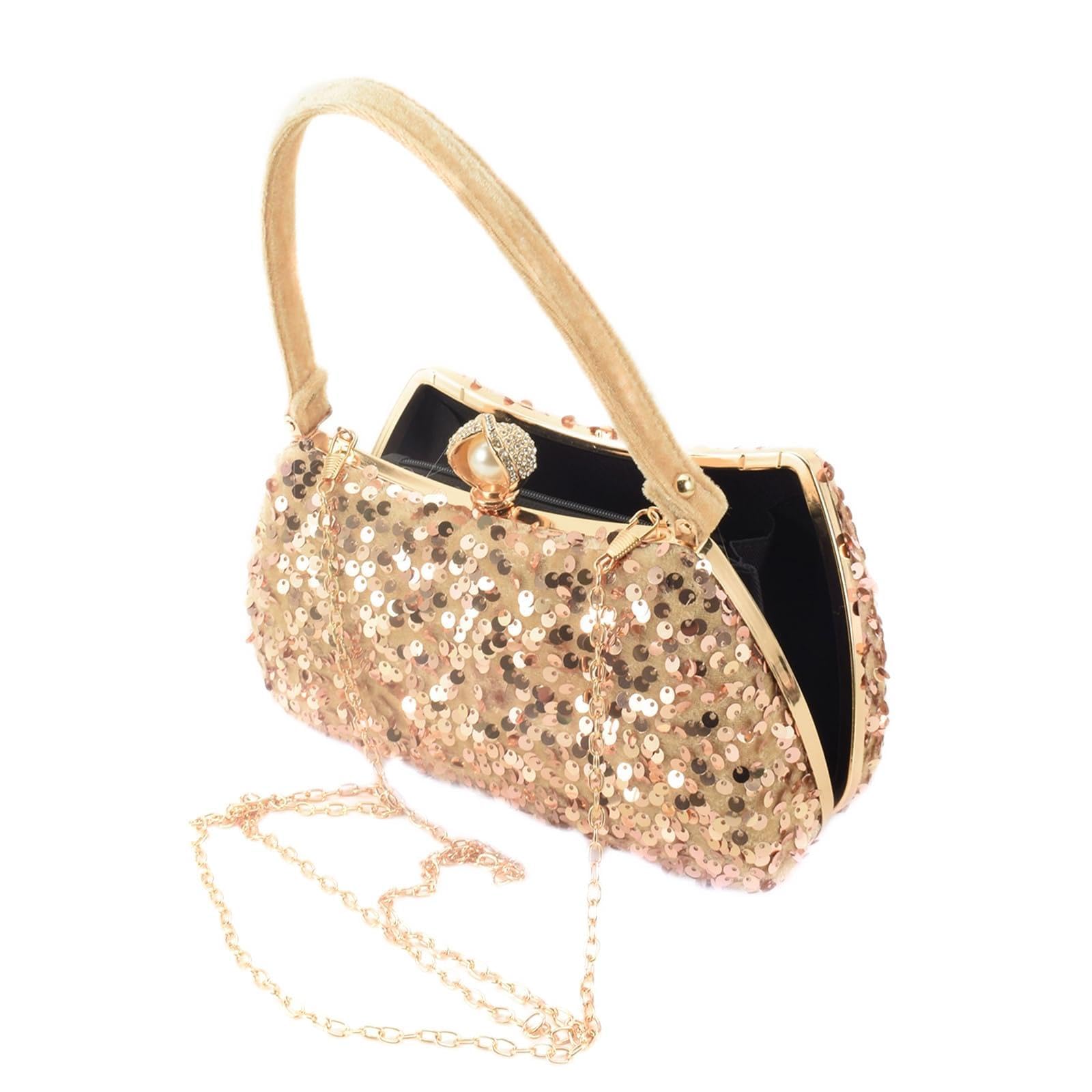 ohodhmnu Damen Tragetasche, Abendtasche, Schultertasche mit Kette, Hochzeits-Geldbörse, Pailletten, Handtaschen, Geldbörse für Cocktail-Partys, gold, Small