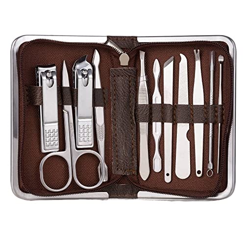 OPKDE 11–26-teiliges professionelles Nagelknipser-Set, Maniküre-Set, Edelstahl, Nagelschneider, Schere, Nagelhautzange, Nagelwerkzeug-Set (11 Stück, braun)