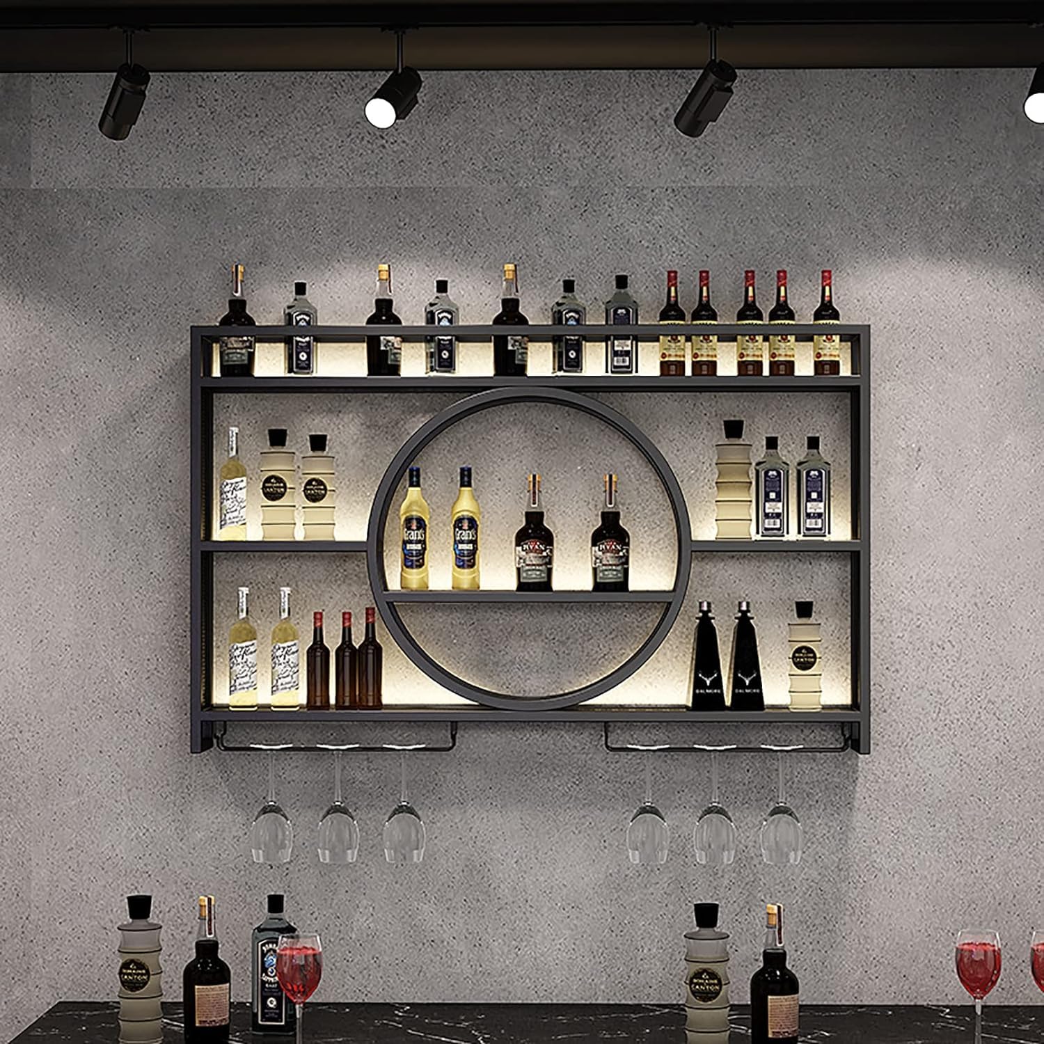 Modernes Wand-Weinregal aus Metall, schwebende Barregale, Wand-Weinregale, Glasregal, Eisen-Ausstellungsständer, Weinhalter mit Regalen, für Zuhause, Restaurant, Bars, Schwarz, 100 x 15 x 80