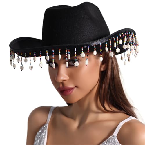 Meiliyizu Westernhut für Damen, Cosplay, Rollkrempe, Hut, Fransen, Strass, Hut, Junggesellinnenabschied, Kopfbedeckung, Zubehör