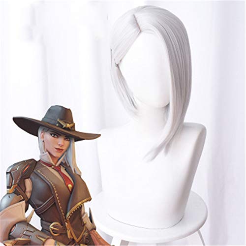 LINLINCD-Spiel Ow Ashe Cosplay Perücke 35Cm Kurzes glattes synthetisches Haar Ow Spiel Perücken Silber-Weiß Kostüm Party Rollenspiel Perücke + Perücke Kappe