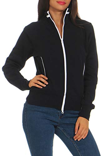 Happy Clothing Damen Sweatjacke mit Reißverschluss und Kragen ohne Kapuze im sportlichen Design, Elegante Jacke aus Baumwolle für Sport und Freizeit, Größe:S, Farbe:Dunkelblau