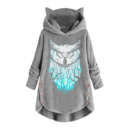 Wintermantel Damen Weihnachtspullover Warm Plüsch Mantel Mädchen Plüschjacke Eule Muster Fleece Hoodie Pullover mit Katzenohren Kapuze Langarm Winterjacke Oversized Kapuzenpullover Winterpulli