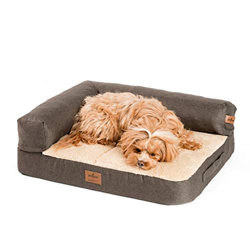 JAMAXX Premium 2-in-1 Hunde-Sofa - Orthopädisch Memory Visco, Abnehmbare Polster, Oeko-TEX Abnehmbarer Bezug Waschbar, Weiches Fleece oder Lammfell/Sherpa, PDB3014 (S) 65x50 braun+Sand Fleece