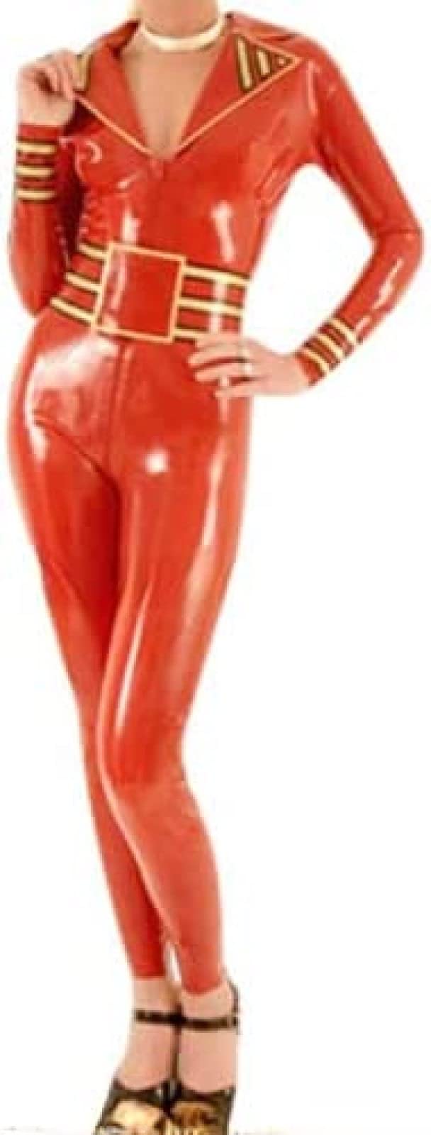 Latex-Catsuit Mit Gürtelstreifen, Taschen Vorne Bis Zum Schritt, Reißverschluss, Gummi-Bodysuit, Body-Overall, Transparent Mit Besatz,Weiß W Gelb Schwarz,Frau M