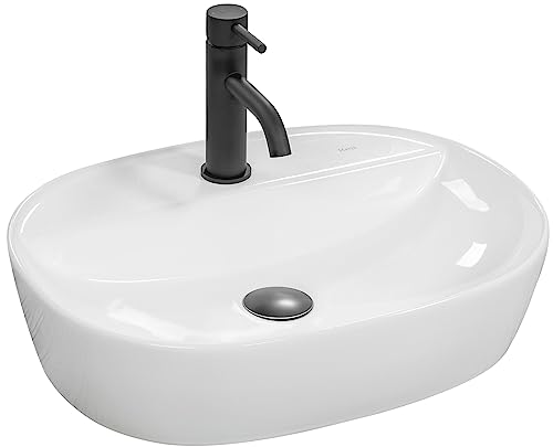 REA Waschbecken Waschtisch Aufsatzwaschbecken Keramik Handwaschbecken Oval Design Aufsatz Waschschale Rein-Weißes mit Armaturloch 38x50 Badezimmer Gäste WC Wasserhahn Bad Armaturen Nano-Beschichtung