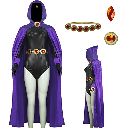 AYYOHON Damen Teen Titans Cosplay Kostüm Raven Rachael Roth Jumpsuit Bodysuit Halloween Lila Kapuze Umhang Capes 3XL