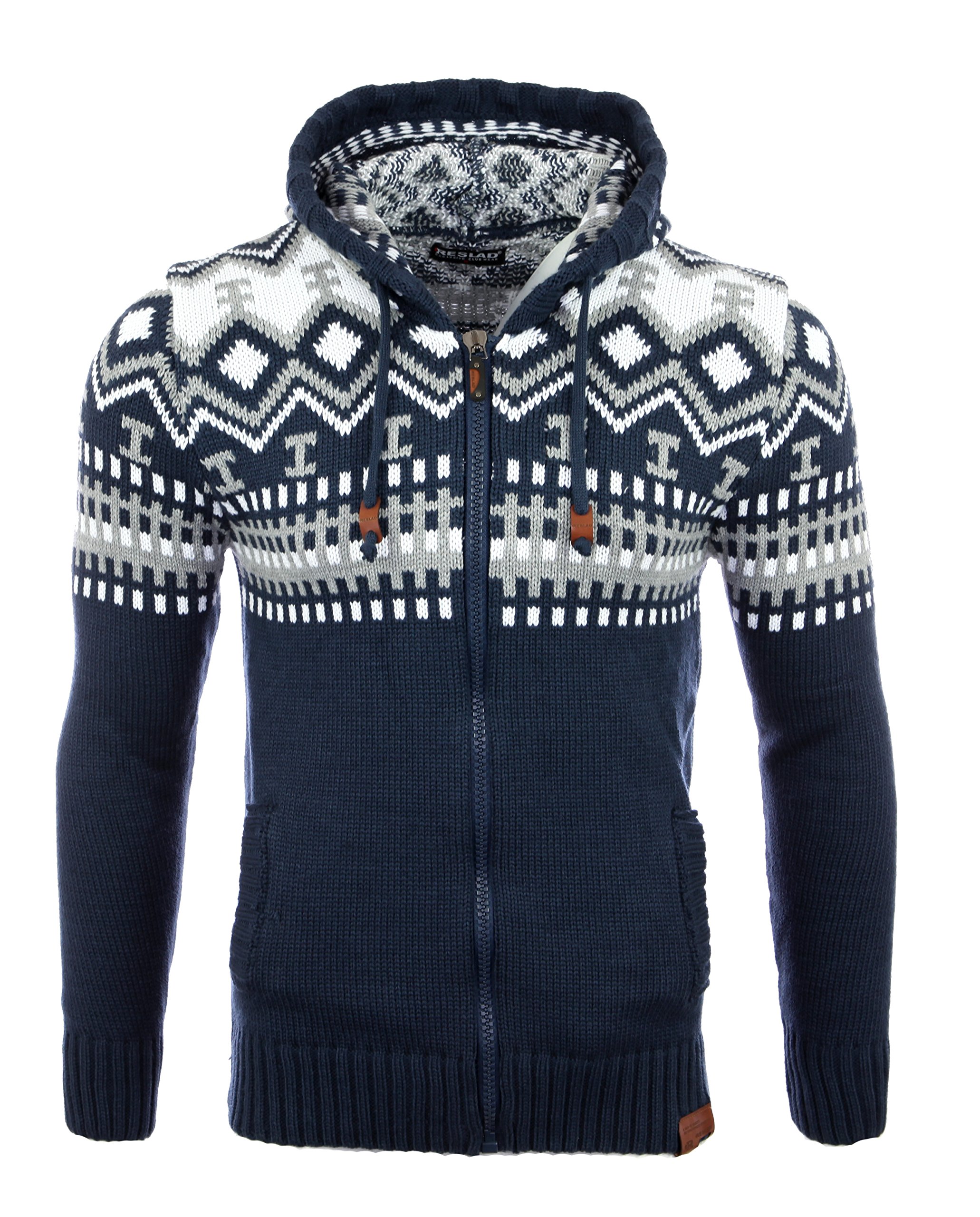 Reslad Herren Grobstrick Norweger Winter Strickjacke mit Kapuze RS-3104 Blau XL