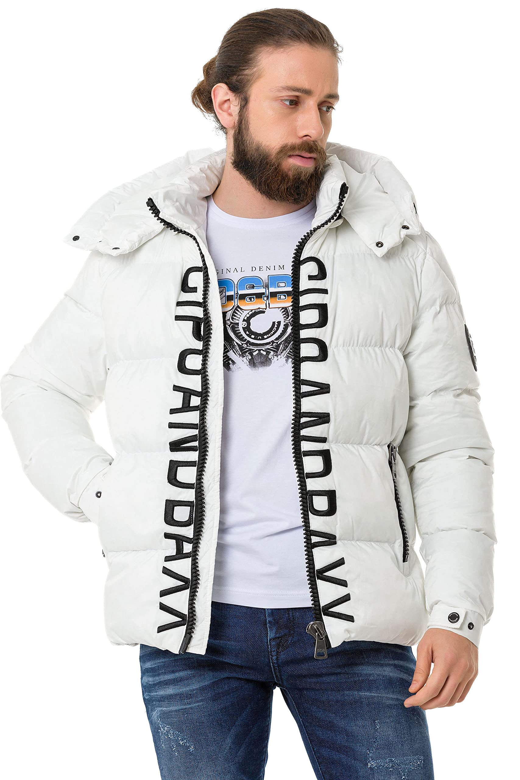 Cipo & Baxx Herren Steppjacke Winterjacke Kapuze Hoher Kragen CM201 Weiß L