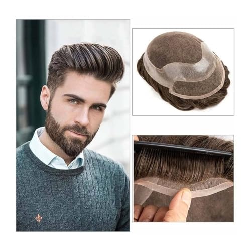 Toupet für Männer Haarprothese for Männer, Toupet aus menschlichem Haar for Männer, Schweizer Spitzenoberteil mit PU rundherum, Haarteil for Männer, natürlicher Haaransatz, glattes indisches Remy-Haar