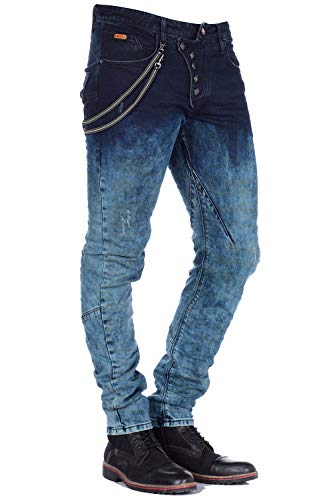 Cipo & Baxx Herren Jeans Hose Ausgefallen Destroyed Röhren Slim Fit Jeans Hose Blau W 31 L34