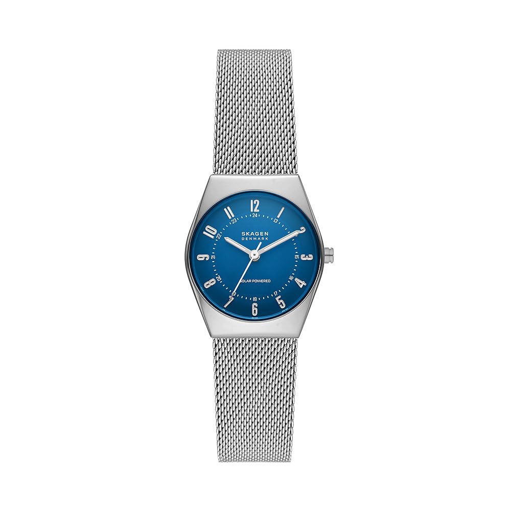 Skagen Grenen Uhr für Damen, Solarbetriebenes Uhrwerk mit Edelstahl- oder Lederarmband, Silberton und Blau, 26MM