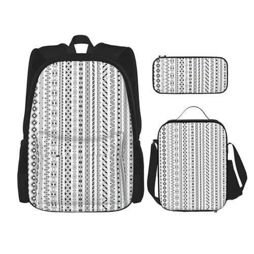 WURTON 3-in-1 Büchertaschen-Set, Boho-Stil, dreieckig, gestreift, verstellbar, Schulter-Rucksack, Lunch-Tasche, Federmäppchen, Beutel, Schwarz, Einheitsgröße