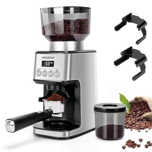 Aigostar Elektrisch Kaffeemühle mit 52 Mahleinstellungen, Kegelmahlwerk Geeignet für Espresso, Professionelle Elektrische Kaffeemühle mit Präzisem Digital Display, Edelstahl Coffee Grinder, Silber