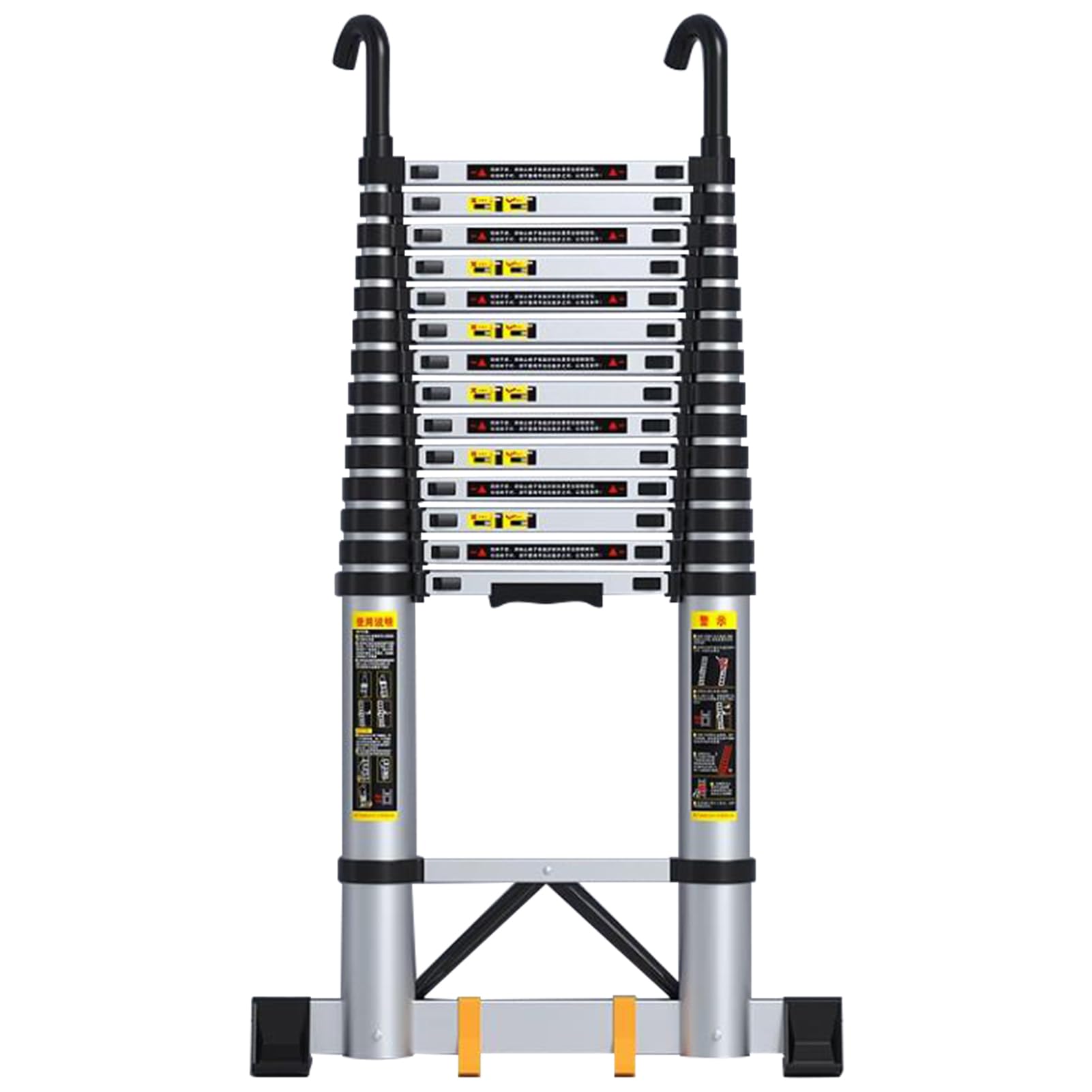 Ausziehbare Teleskopleiter aus Aluminium mit rutschfester Stabilisatorstange und 2 Haken, tragbare, vielseitig einsetzbare, zusammenklappbare Teleskopleiter, verstellbare, gerade Verlängerungsleiter