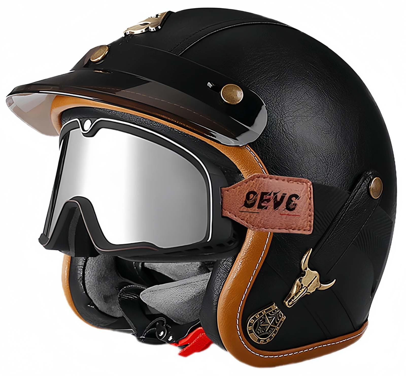 3/4 Vintage Helm Retro Motorradhelm Erwachsene Halbhelm ECE Approved Vintage Für Männer Und Frauen Mit Schutzbrille Offenes Gesicht Mopedhelm D,L57-60CM