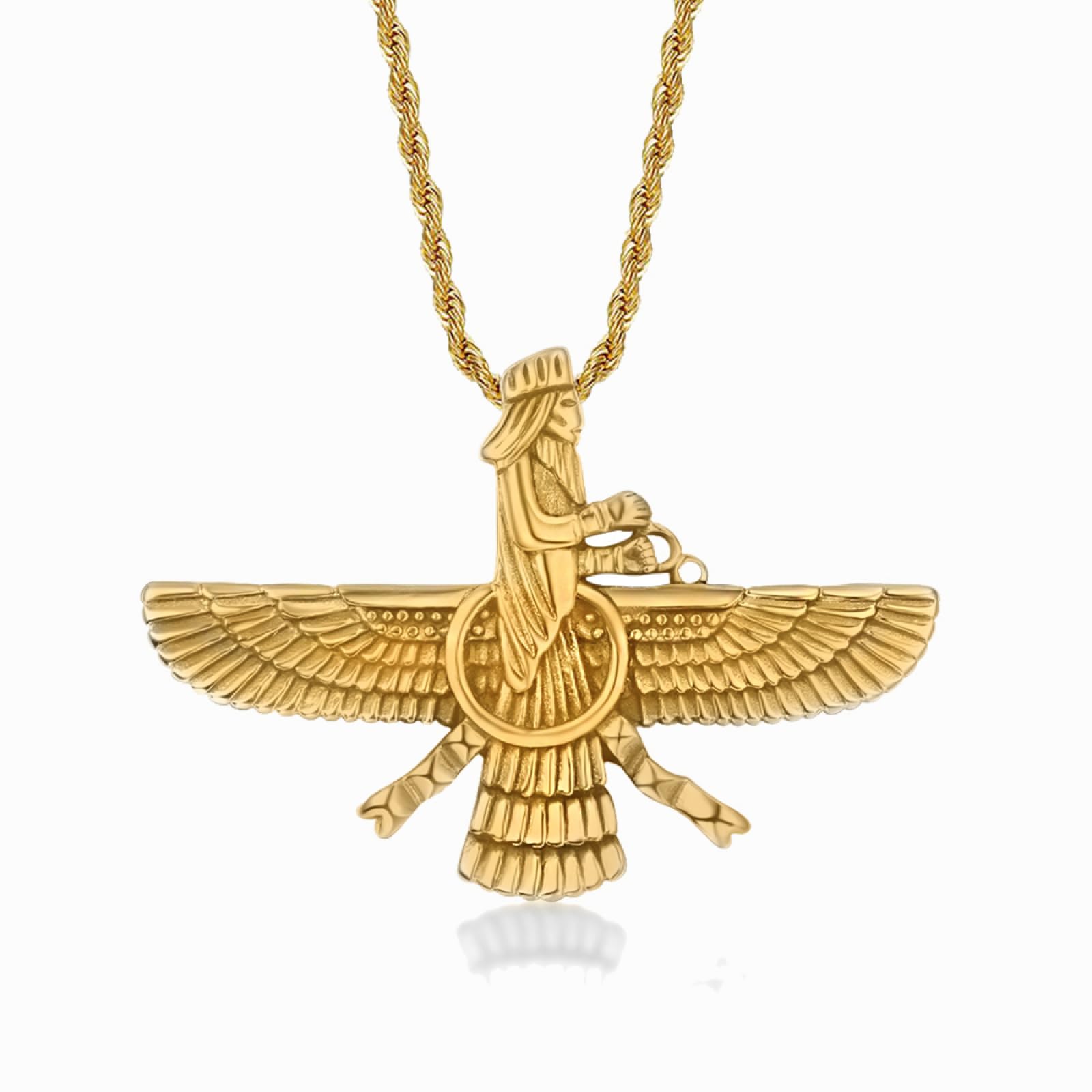 GZHENGZG Herren Halsketten und Damenschmuck Punk Faravahar Ahura Mazda Zoroastrische Anhänger Halskette für Männer und Frauen, goldene Farbe, gedrehte Seilketten, Schmuck Geschenk Geschenk