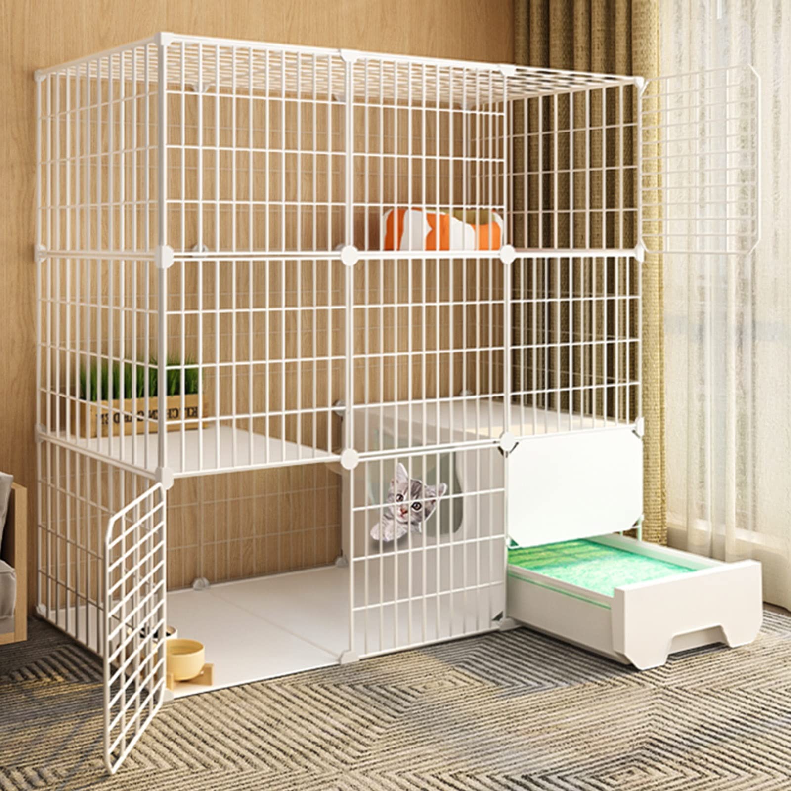 Katzenkäfig – Katzengehege, Katzenlaufstall, DIY-Haustierlaufstall, Laufstall, Hofzaun, Käfig mit Tür und geschlossener Katzentoilette, leicht zu reinigen und Geruch zu entfernen,