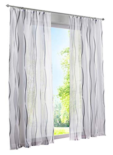 1 Stück Gardinen mit Wellen Muster Design Schals Voile Transparent Fenster Vorhang (BxH 140x225cm, Grau mit Kräuselband)