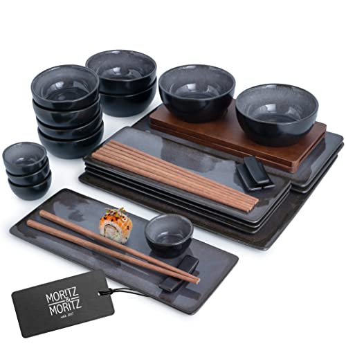 Moritz & Moritz Sushi Geschirr Set für 4 Personen - 29 Teile - Sushi Servierset mit 3X Sushi-Platte - 4X Sushi-Teller, Miso-Schale, Schälchen und Stäbchen