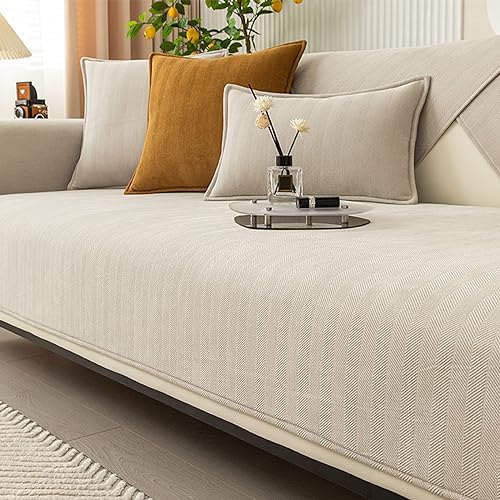 Funny Fuzzy Sofa Cover, Herringbone Chenille Fabric Furniture Protector Sofa Cover, Cosy Solid Colour Non-Slip Couch Cover (Beige,70 * 210cm)