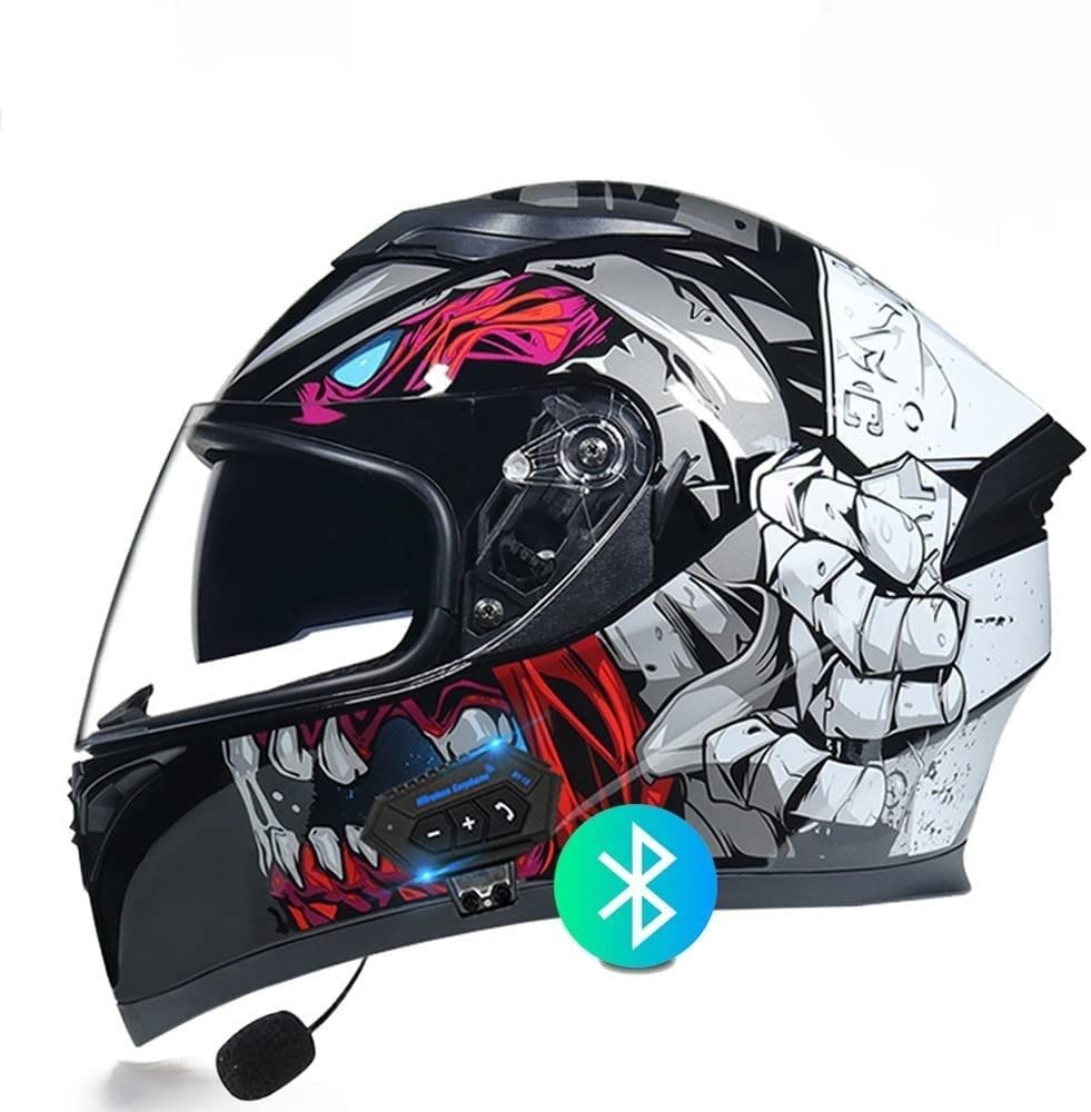 Integralhelm Motorradhelm Helm Motorrad Mopedhelm,mit Bluetooth-Headset,Unisex Offroad Integralhelm Schutzhelm, Cruiser Scooter Vespa Mofa-Helm DOT/ECE-Zertifiziert (Color : H, Größe : 2XL=63-64cm)