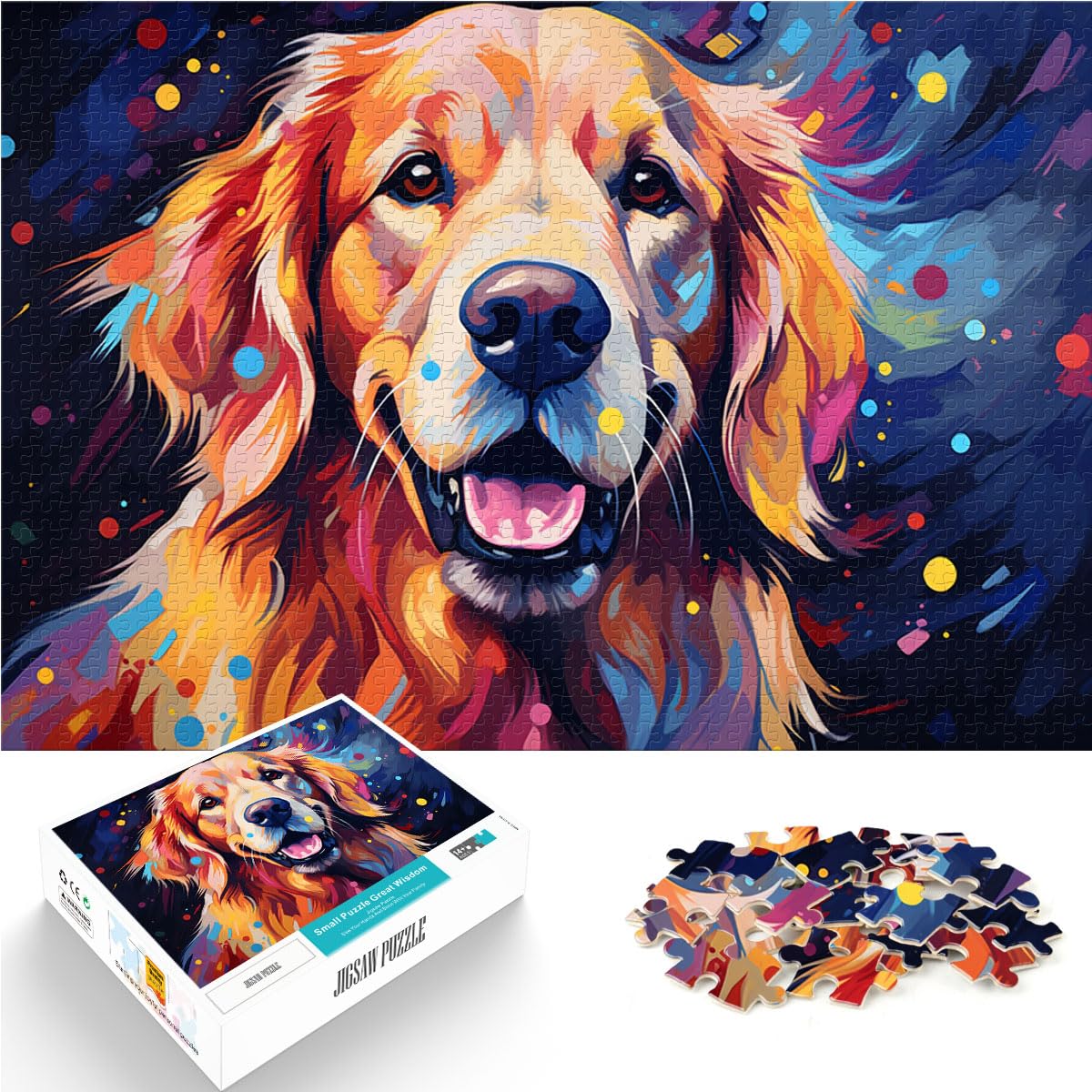 Puzzle Bunte Psychedelie der Golden Retriever, 1000 Teile, Puzzle aus Holz für Erwachsene, ganze Familie, 1000 Teile (50 x 75 cm)