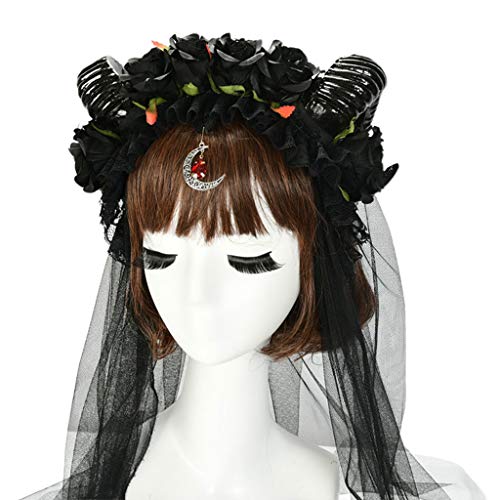 Halloween Cosplay Stirnband Schafhorn Schwarze Rose Blume Haarreifen Lange Mesh Schleier Mond Anhänger Karneval Party Kopfschmuck Haarbänder Männer Lange Haare