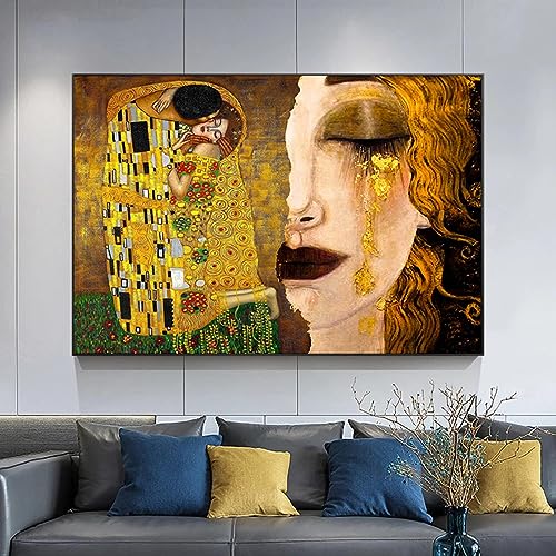 HOLEILUCK Der goldene Tränenkuss und Freyas Tränen, Leinwandgemälde, Poster und Druck, Gustav Klimt, Wandkunst, Bild, Heimdekoration, 85 x 130 cm/33 x 51 Zoll, mit schwarzem Rahmen